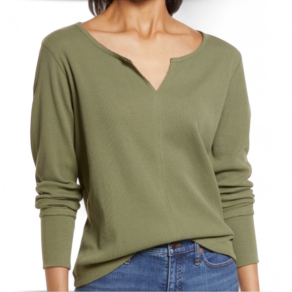 Caslon Tops - Caslon Organic Cotton Blend Split Neck Thermal Top Green Sorrel XXS